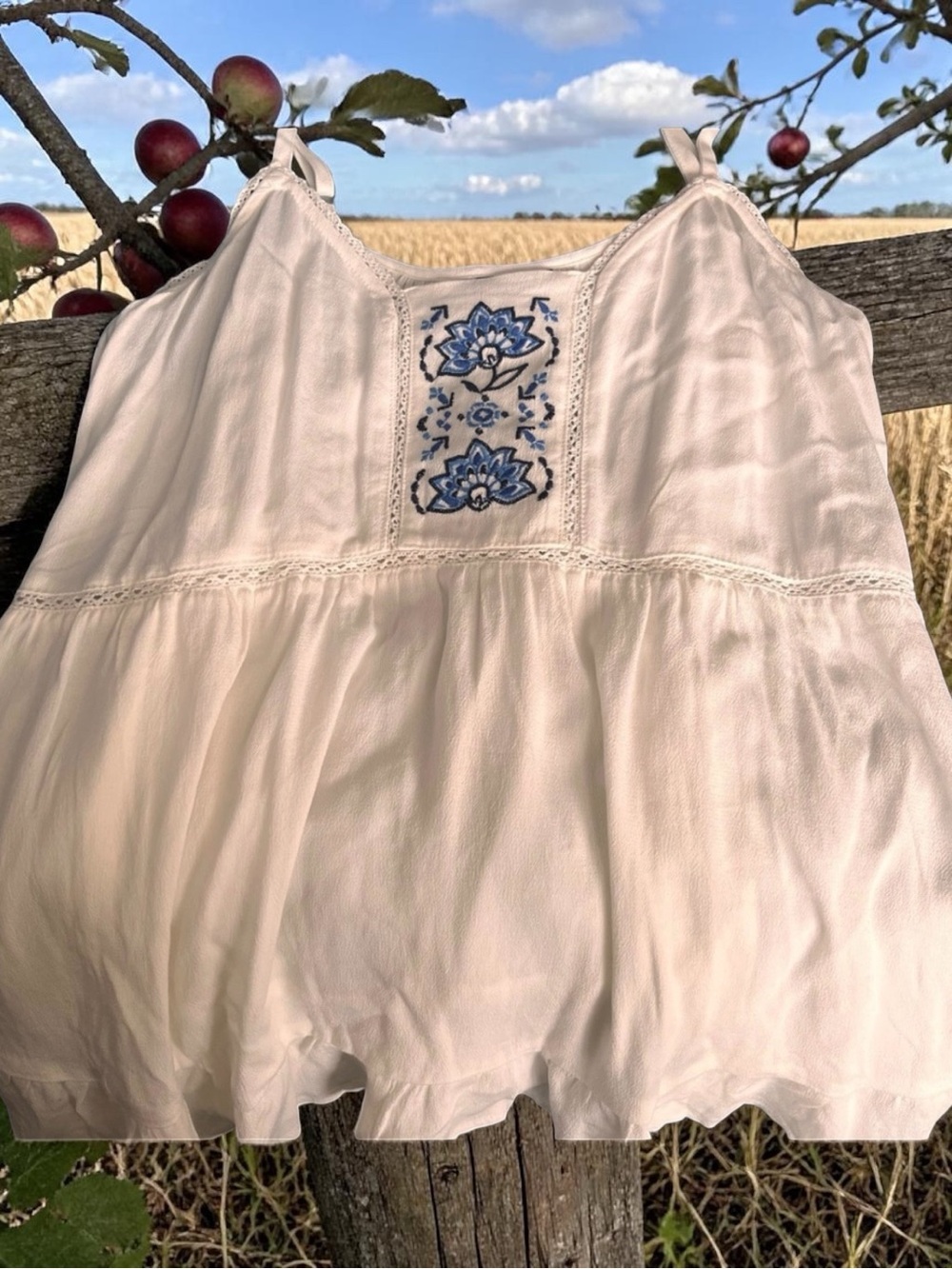 Torrid White Tank Top with Blue Embroidery